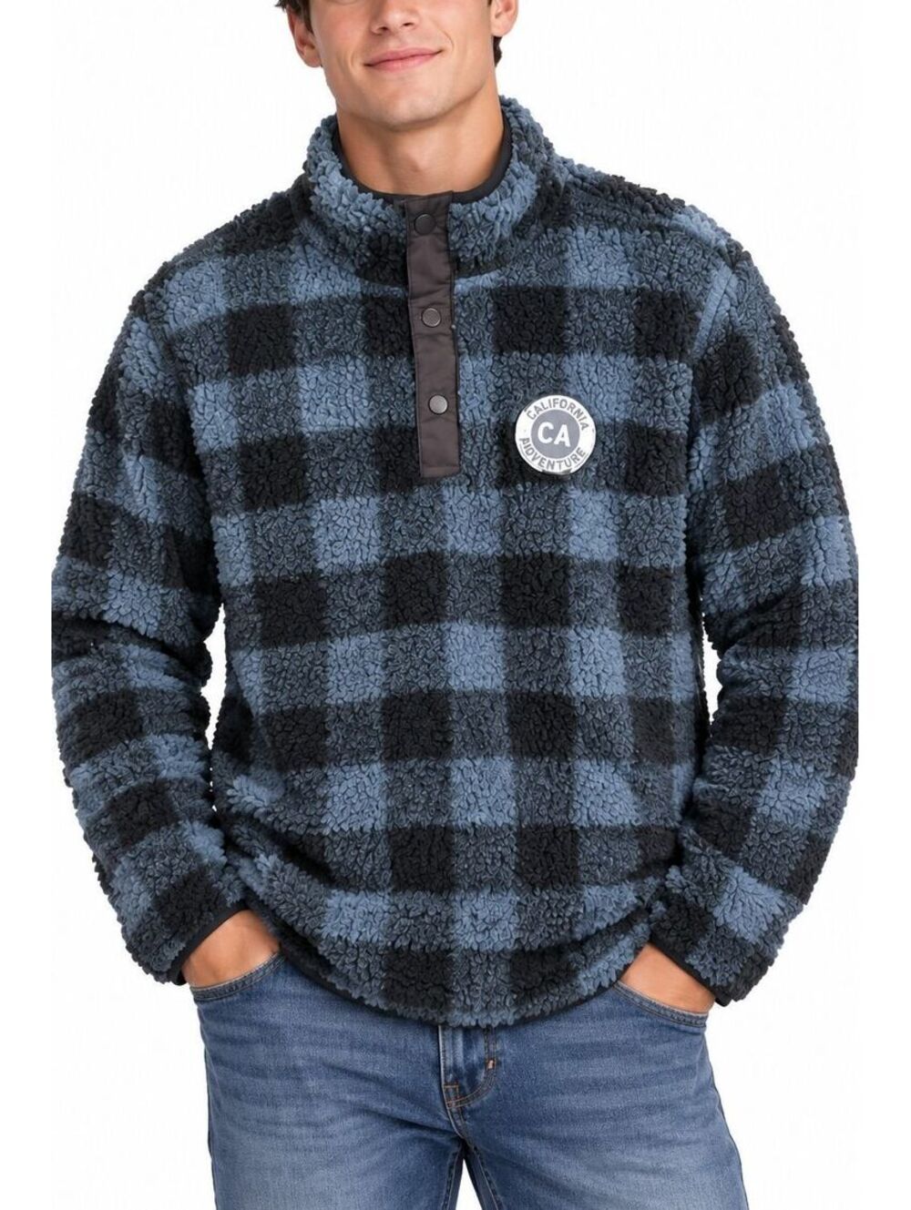 Home Free Men's Medium Blue Gray Plaid Sherpa Fleece 1/4 Snap Pullover